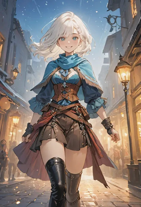 ((medium white hair)), sparkling pure white hair, smile, female adventurer, game art style, (masterpiece), (colorful clothing), ...