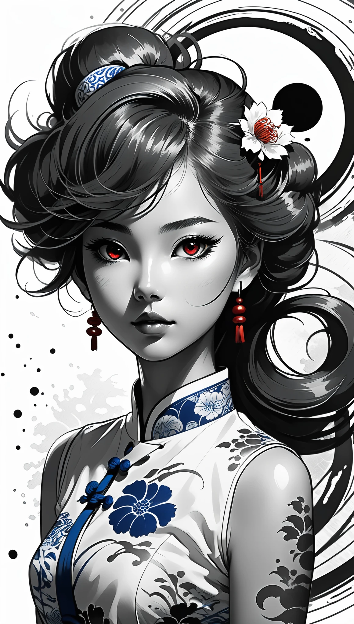(Pencil_Sketch:1.2, messy lines, greyscale, traditional media, sketch), a girl, flash red eyes, streaked hair, streaked hair, Blue and white porcelain cheongsam, Black and white yin yang tai chi background, Deep shadows, Charming suit cheongsam design, persian cat, minimalist style, Tai Chi, Yin Yang style, Ink splash style background., chiaroscuro, glowing light, backlighting, motion lines, Carl Larsson, UHD, anatomically correct, masterpiece, retina, UHD, masterpiece
