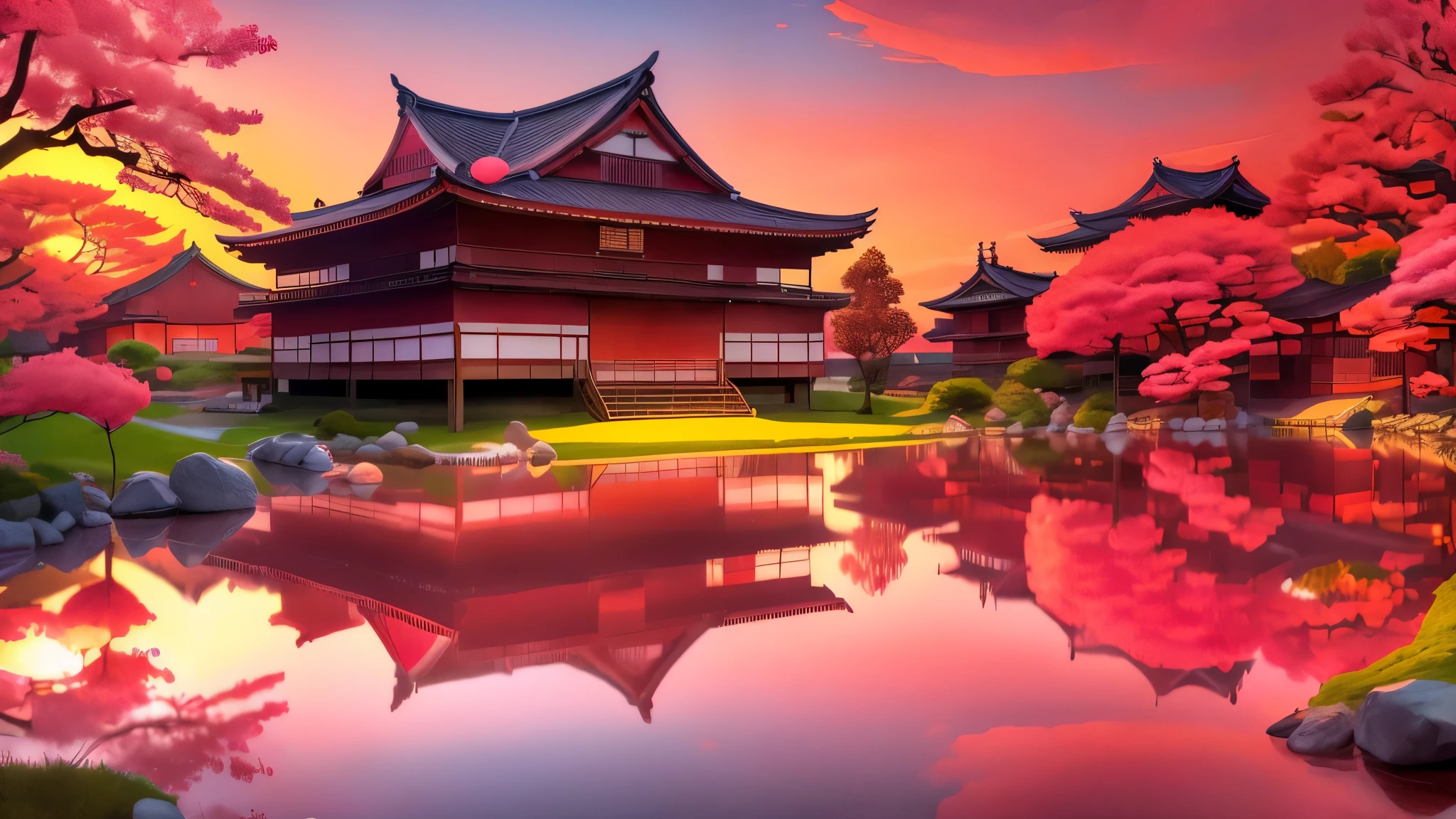 Japão antigo, lindas árvores de sakura com flores rosa, Japão antigoese style houses, 4K realistic, beleza natural, Céu laranja, pôr do sol, melhores cores, 4K, Obra de arte, 8K, folhas rosa, céu vermelho-alaranjado, casa no meio de um lago, casa tipo pagode, Céu brilhante, com nuvens hiper-realistas, menos cor rosa