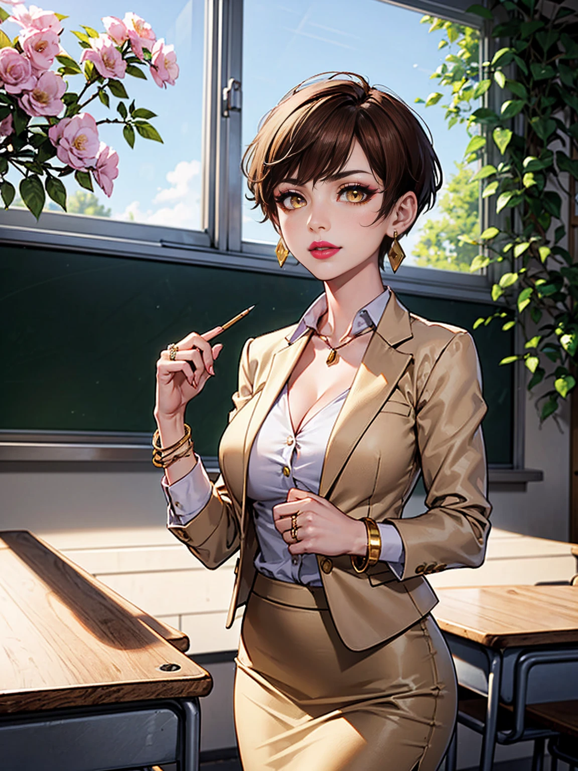 ((1woman, solo, alone, very short hair, yellow eyes, brown hair, tomboy, ((choppy pixie)), big breasts, beige suit, beige pencil skirt, satin blouse, black blouse, five white, amethyst earrings, gold bracelet, wedding ring, pink lipstick, smug )), ((teacher, classroom background, business background, windows, sunny day, bushes, trees, flowers, classroom))