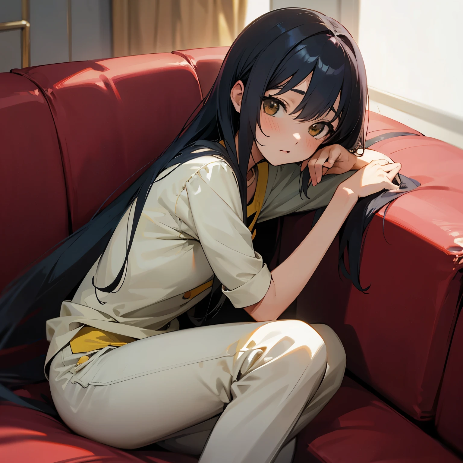 Anime girl sitting on a red couch with her hand on her chin - SeaArt AI