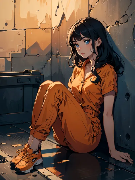 masterpiece, high quality, illustration, extremely detailed, 1_women, (full body), sitting, sitting on ground, curled up, knees ...
