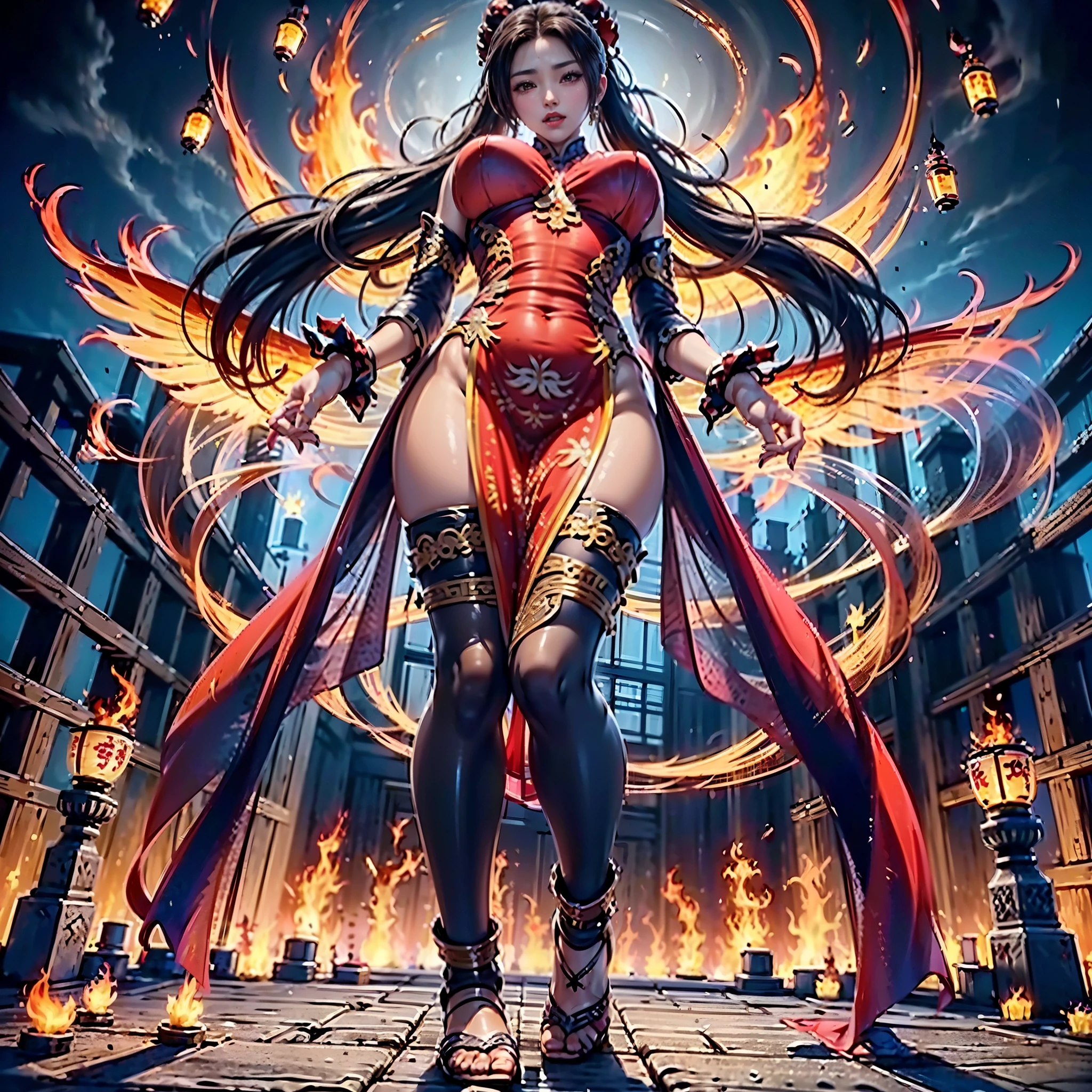 （full body picture，full body display），((epic composition，Ancient battlefield of China，A woman wearing a flowing red dress，There is a pair of flame wings behind him，whole body xianxia，high ponytail，25 years old，Mature，majesty，cold，Photographed from below，Corpses everywhere，Rich scene details，siege，Smoke was everywhere，In the distance is the tall city gate，The flames illuminate the sky red，))，((anatomically correct，8k, super detail, UHD, masterpiece, super detail, high details, high quality, award winning, best quality, highres, 1080P, HD, 4K, 8k, ccurate))