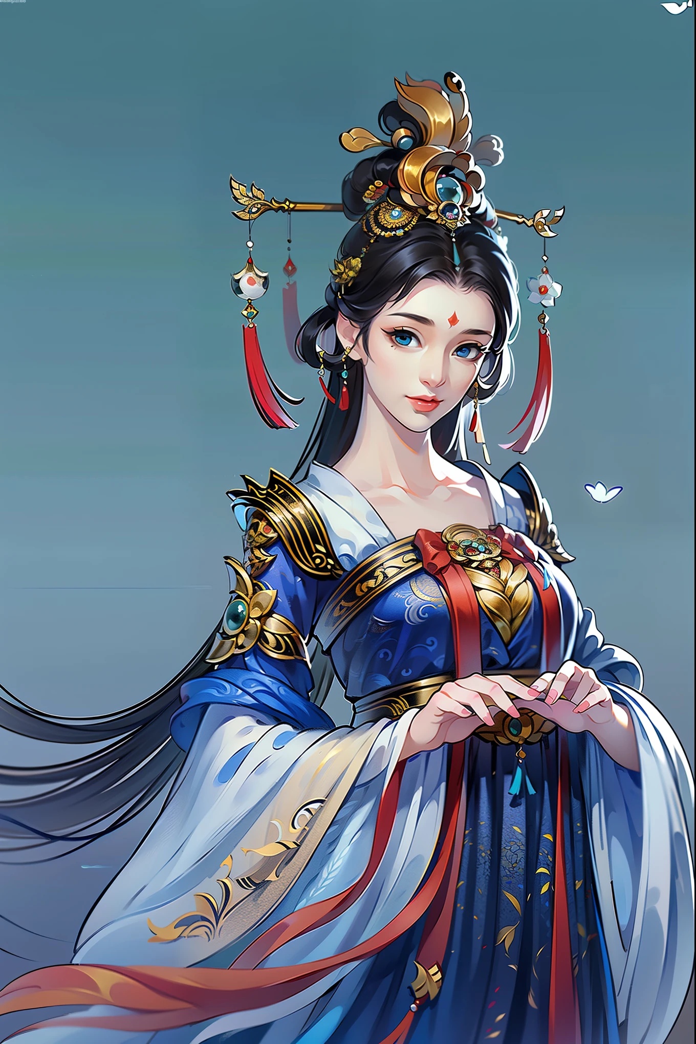 （masterpiece，super detailed，HD details，highly detailed art）1 girl，Half body，xianxia，blue，elegant，Highly detailed character designs from East Asia，Game character costume design，simple，ultra high resolution, sharp focus, epic work, masterpiece, (Very detailed CG unified 8k wallpaper)，pretty face，beautiful eyes，HD details