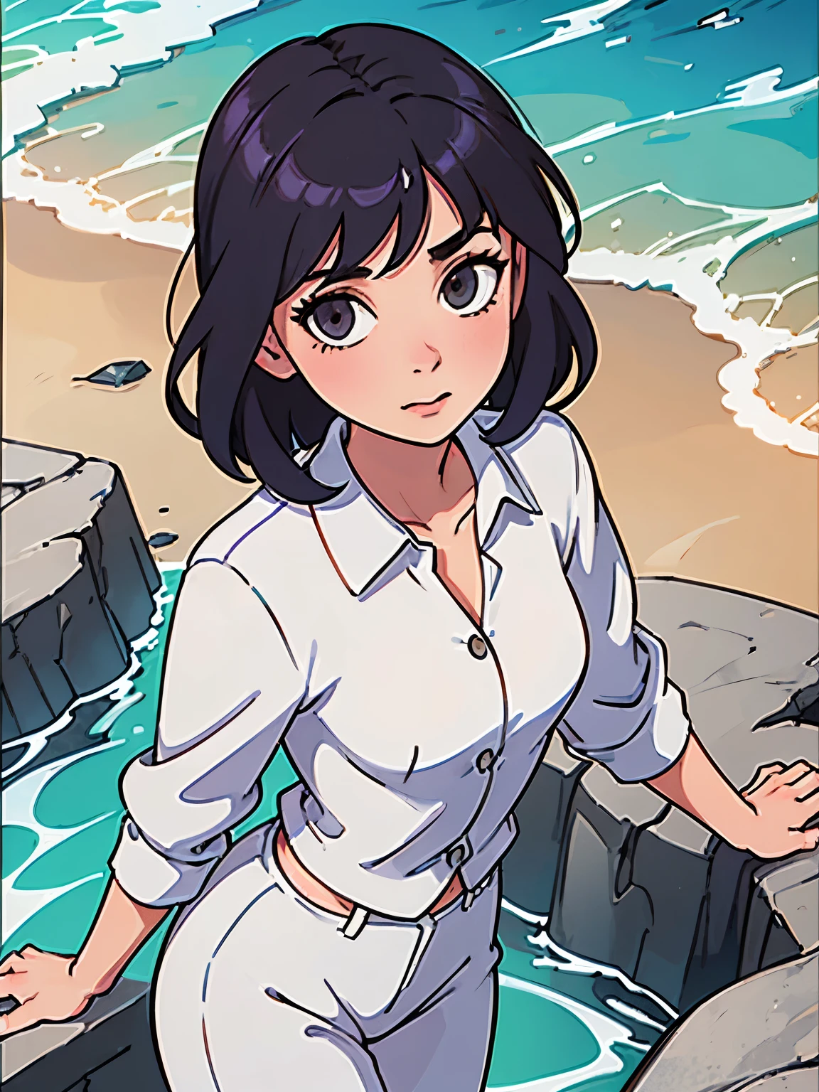 Anime girl standing on a rock by the ocean with a beach in the background -  SeaArt AI