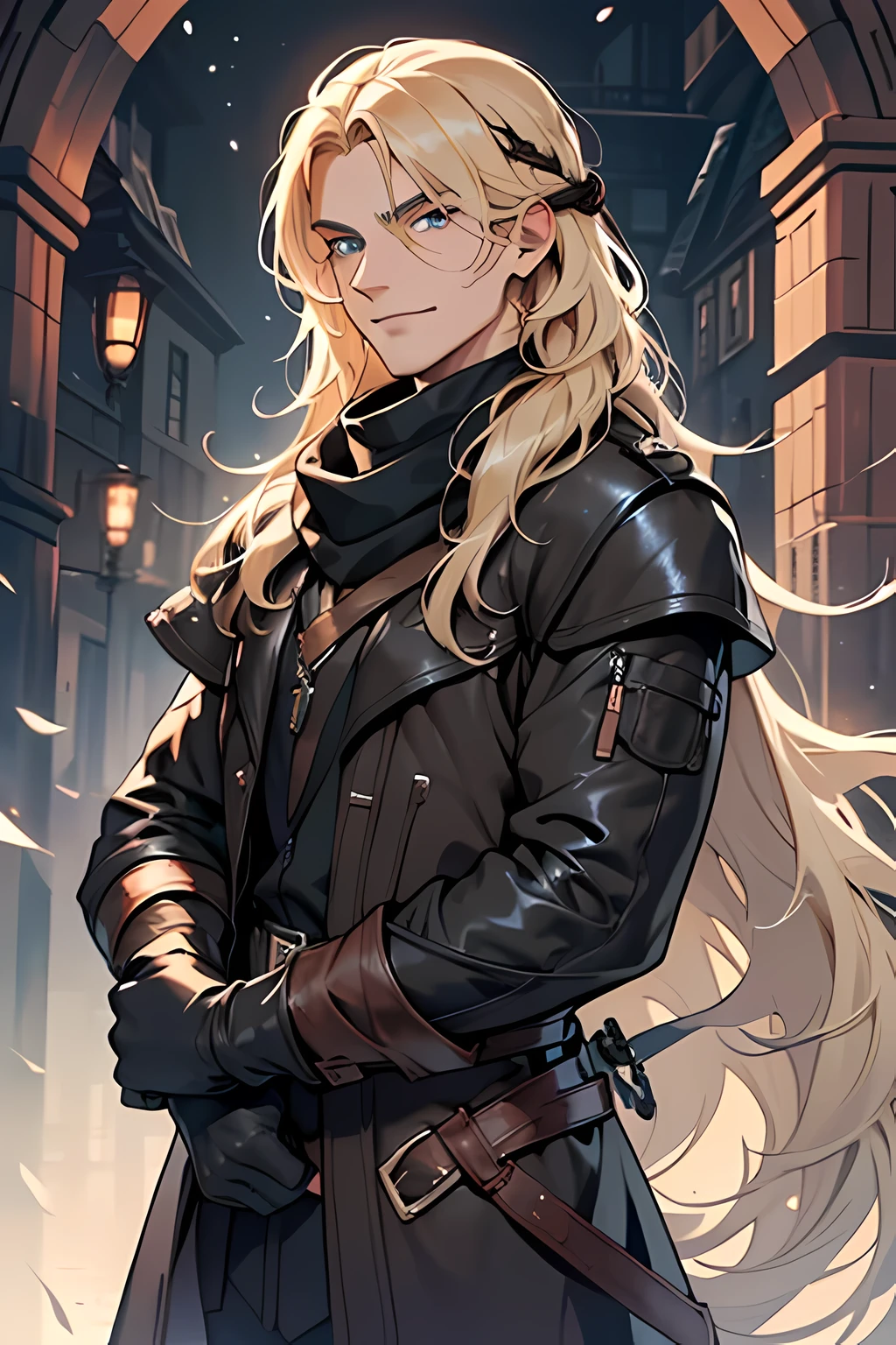 (MAN character), (Sesquipedalian, очень long hair, blonde hair), (heterochromia), (Left eye: blue), (Right eye: brown), (Black Long Leather Coat), (black shirt), (Archery gloves), (Black scarf), (illustration), (A high resolution), (mysterious lighting), (bright colors) (fighter) (cold light) (long hair: 2.0) (soft grin), Triangular Face Shape