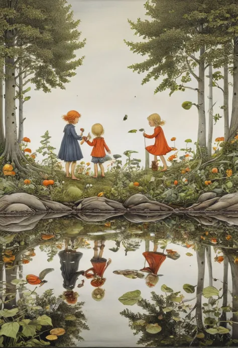 reflection art, by elsa beskow, (best quality, masterpiece, perfect composition, very aesthetic, ultra-detailed, intricate detai...