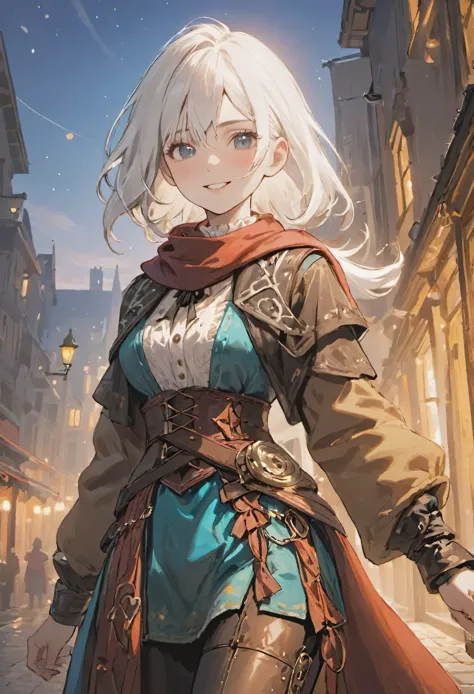 ((medium white hair)), sparkling pure white hair, smile, female adventurer, game art style, (masterpiece), (colorful clothing 1:...