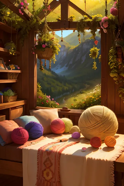 several balls of yarn and flowers are on a table, ball of yarns all around, yarn ball, soft - warm, lush nature, yarn, wrapped i...