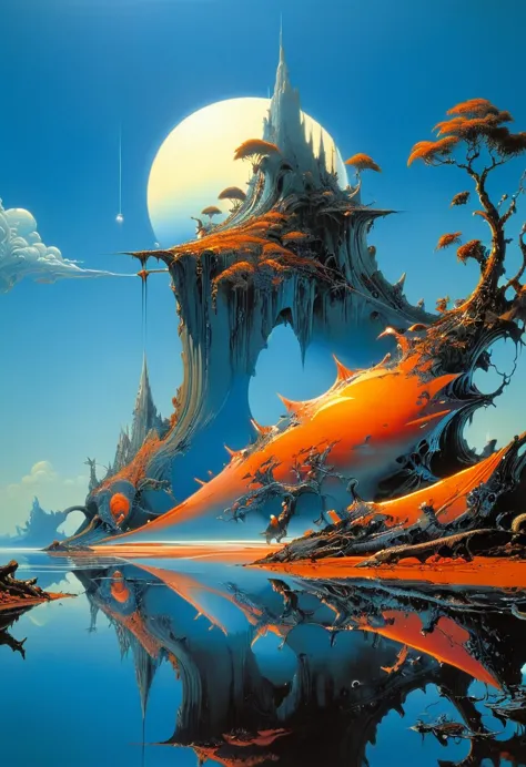 Reflection art, by Roger Dean, (best quality, masterpiece, perfect composition, very aesthetic, ultra-detailed, intricate detail...