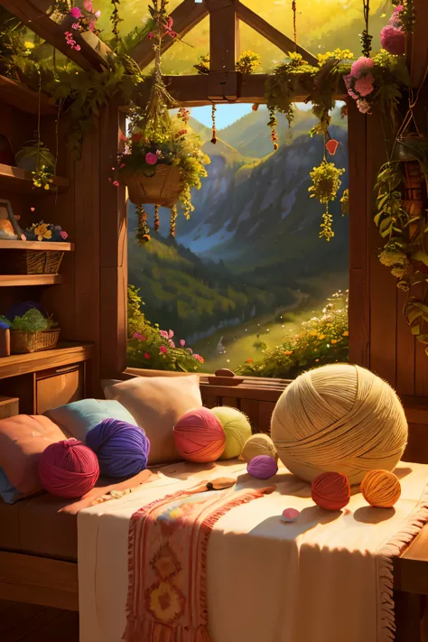 several balls of yarn and flowers are on a table, ball of yarns all around, yarn ball, soft - warm, lush nature, yarn, wrapped i...