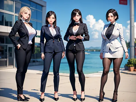 4 middle aged woman with big boob wearing office suit, full body, look at camera
