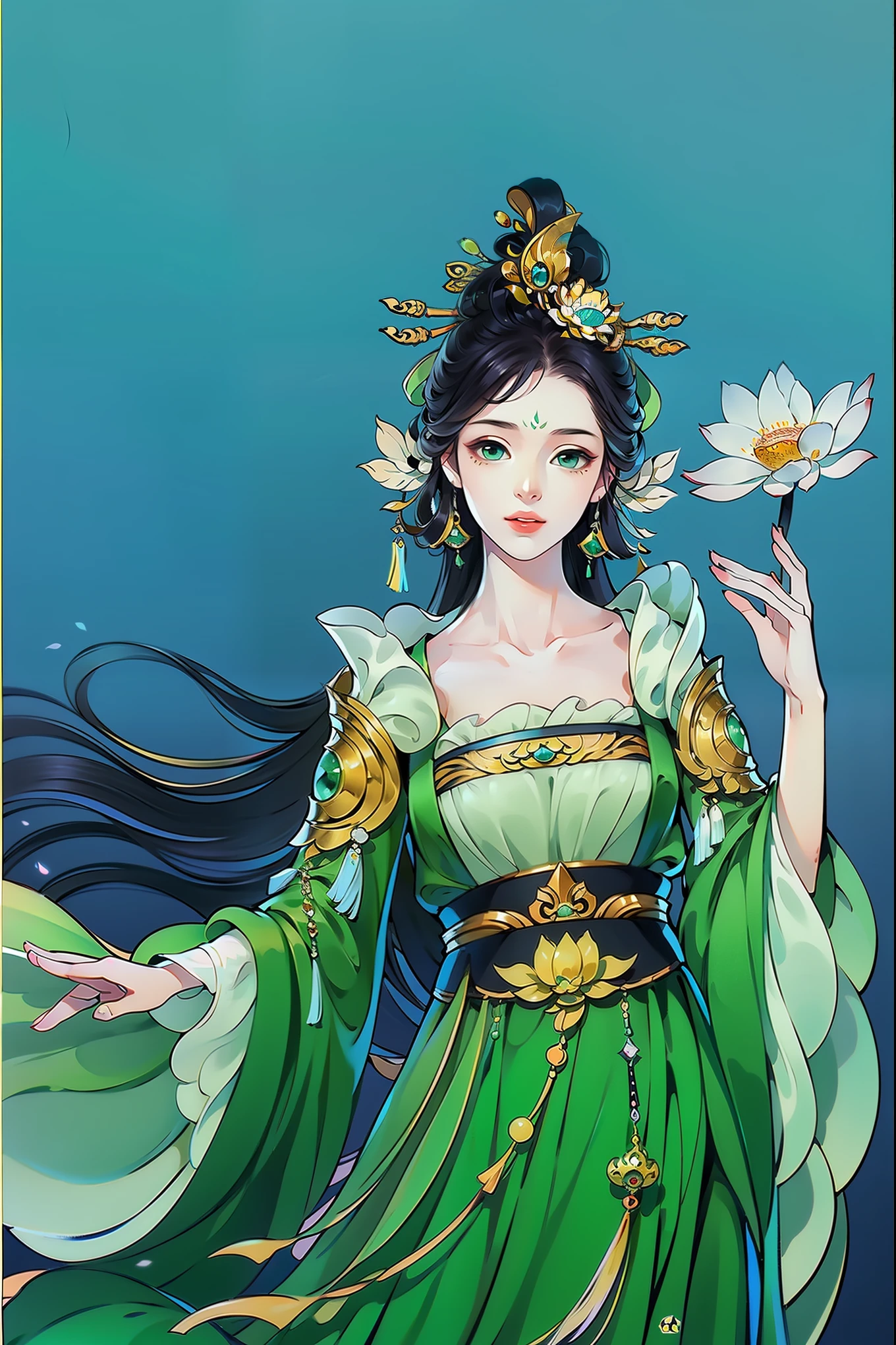 （masterpiece，super detailed，HD details，highly detailed art）1 girl，Half body，xianxia，monochrome，green dress，lotus leaf，elegant，Highly detailed character designs from East Asia，Game character costume design，simple，ultra high resolution, sharp focus, epic work, masterpiece, (Very detailed CG unified 8k wallpaper)，pretty face，beautiful eyes，HD details