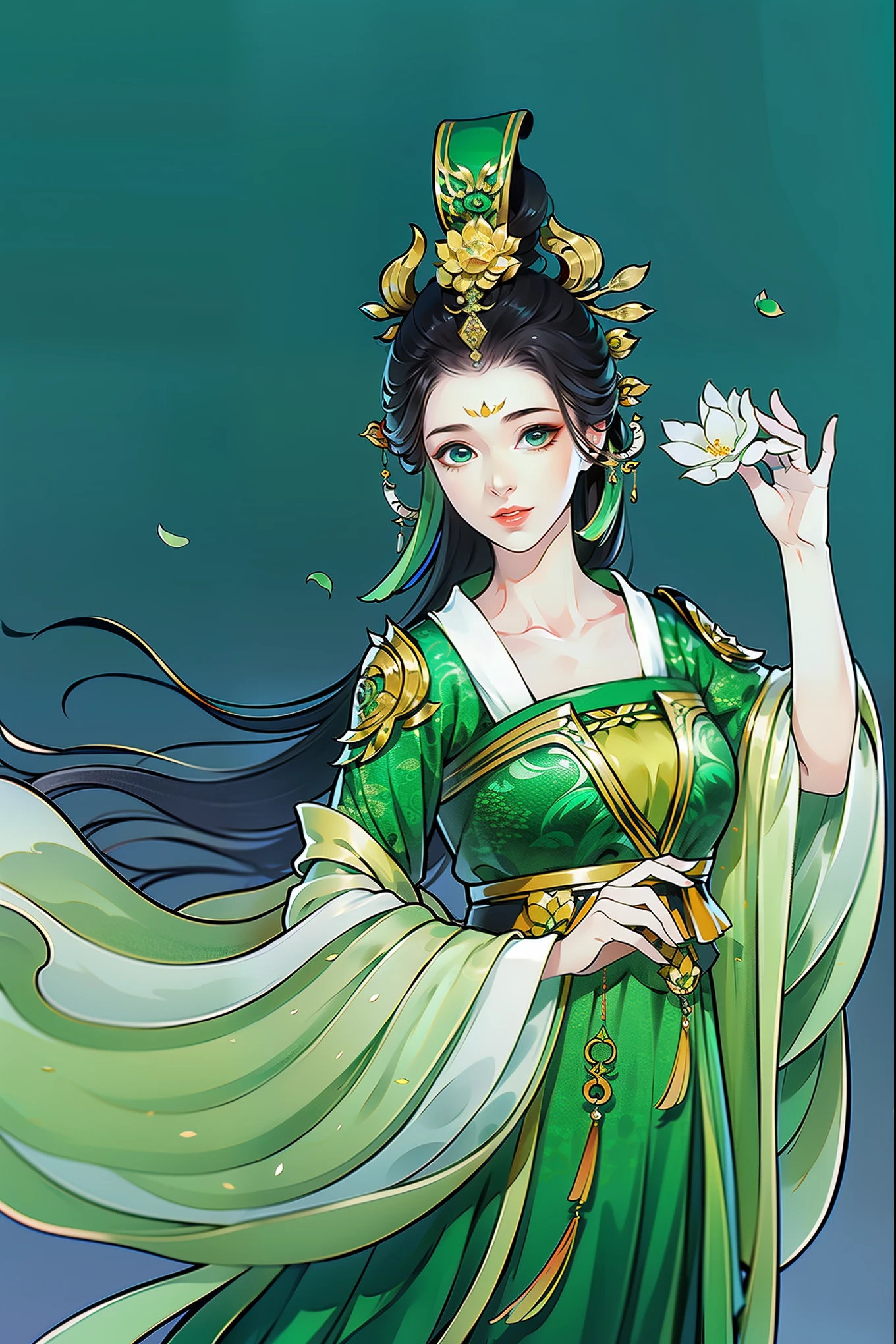 （masterpiece，super detailed，HD details，highly detailed art）1 girl，Half body，xianxia，monochrome，green dress，lotus leaf，elegant，Highly detailed character designs from East Asia，Game character costume design，simple，ultra high resolution, sharp focus, epic work, masterpiece, (Very detailed CG unified 8k wallpaper)，pretty face，beautiful eyes，HD details