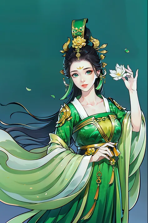（masterpiece，super detailed，HD details，highly detailed art）1 girl，Half body，xianxia，monochrome，green dress，lotus leaf，elegant，Hi...