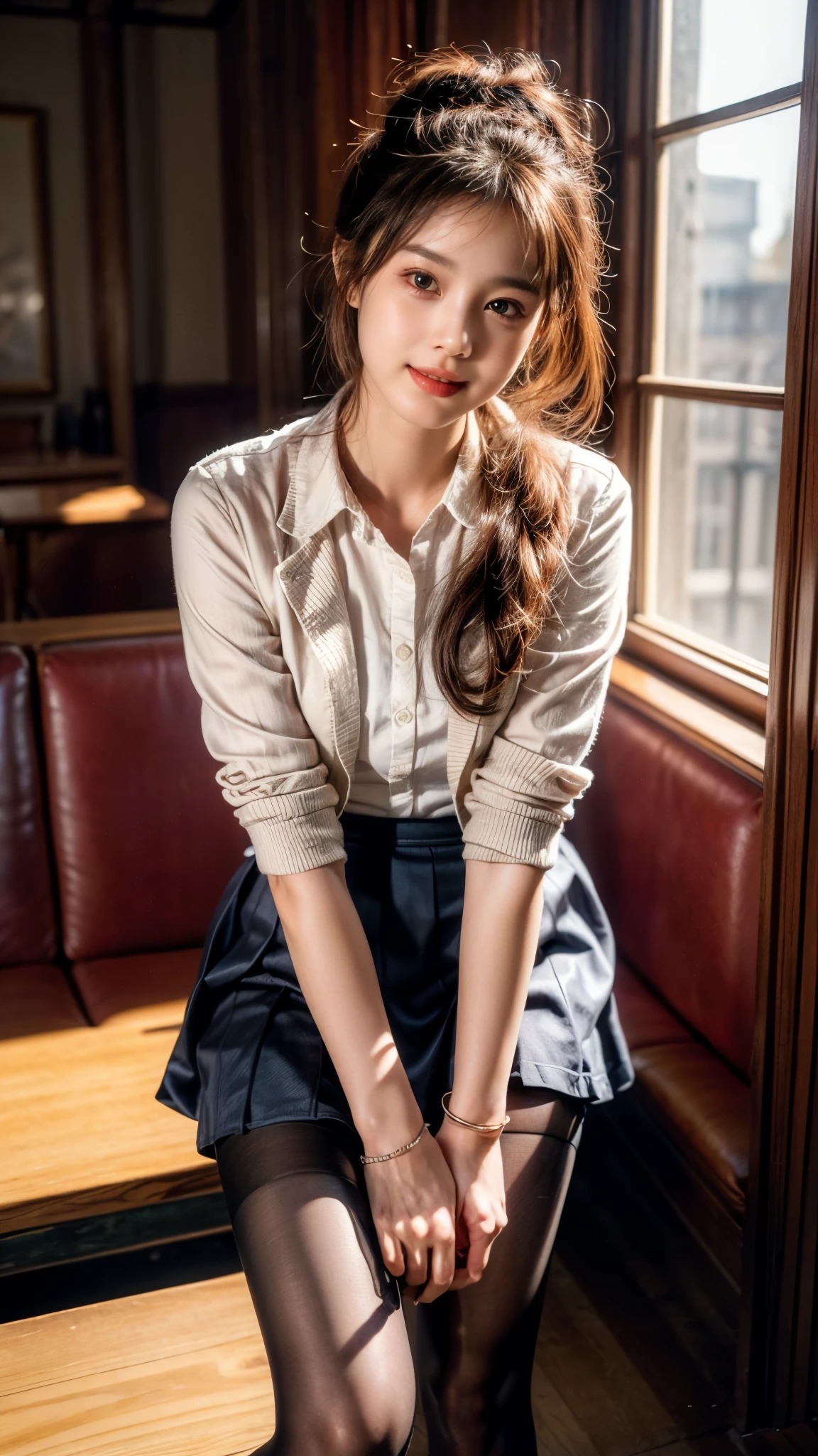 （Pure and cute Chinese college student 1.5）， (21 years girl student), ((College Uniform silky pink blazer and silky black Knee length skirt)), ((skirt:1.2), 8K, Masterpiece, RAW photo, Best quality, Photorealistic, Extremely detailed CG Unity 8K wallpaper, Depth of field, Cinematic light, Lens flare, Ray tracing, (Extremely beautiful face, Beautiful lips, Beautiful eyes), intricate detail face, ((ultra detailed skin)),（true to life，Photorealistic 1.8）,((best qualtiy, 8K, tmasterpiece:1.3)),SLR camera (double eyelid，largeeyes:1.3),（(smile: 1.2))，（Full body photo 1.5）（One person 1.5）Clear focus 1.2, Perfect body beauty:1.4 , Delicate skin1.1,（Short black hair 1.6），（Delicate makeup1.4），（Pure desire 1.3）(Black pantyhose 1.5), Hair is slightly curled，Black hair,  Bow knot, Slender legs，canvas Matty Black shoe，With earrings，Wristband jade bracelet, standing in University auditorium hall, beautiful knees, 