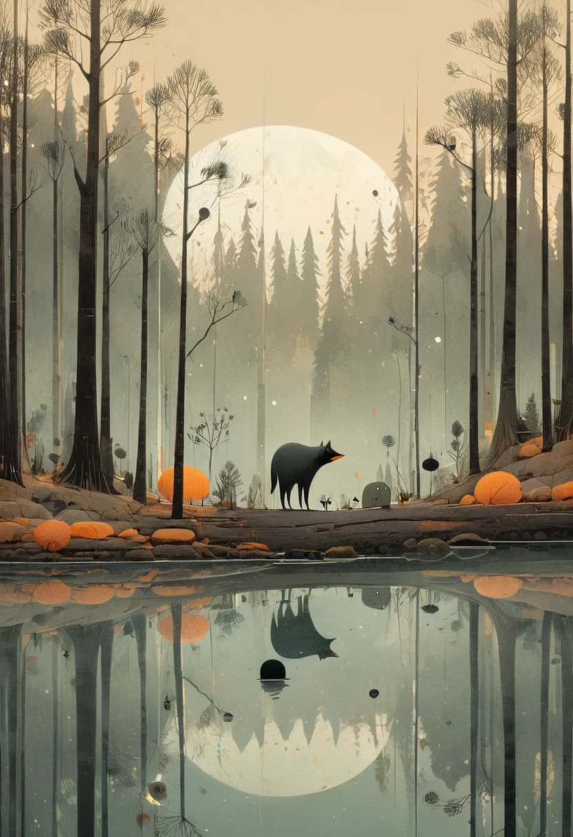 Reflection art, by Jon Klassen, (best quality, masterpiece, perfect composition, very aesthetic, ultra-detailed, intricate details:1.3)