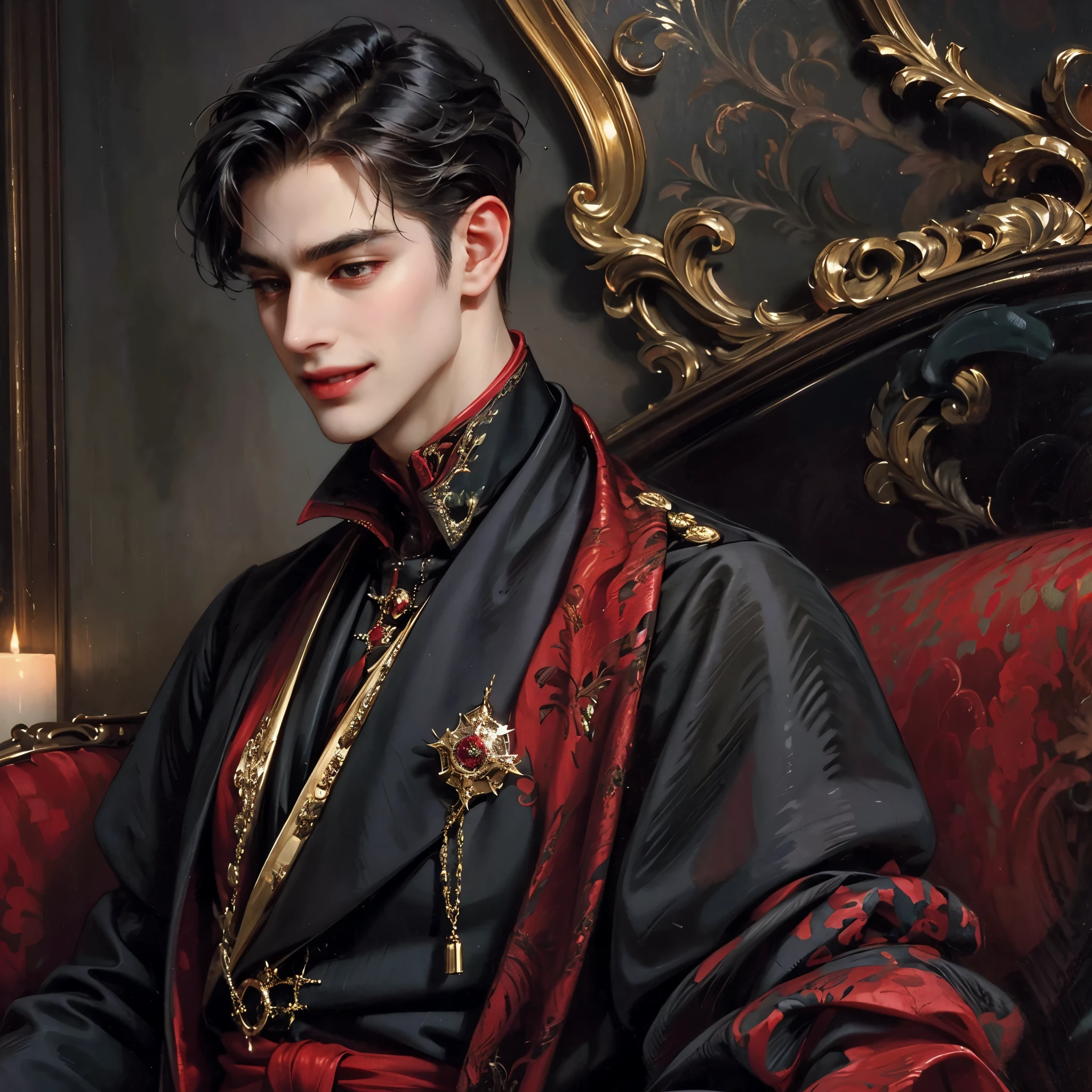 Close-up, head portrait, a vampire, handsome young man, long black hair, red eyes, sharp fangs, elegant smile, gorgeous costumes, movie-like atmosphere