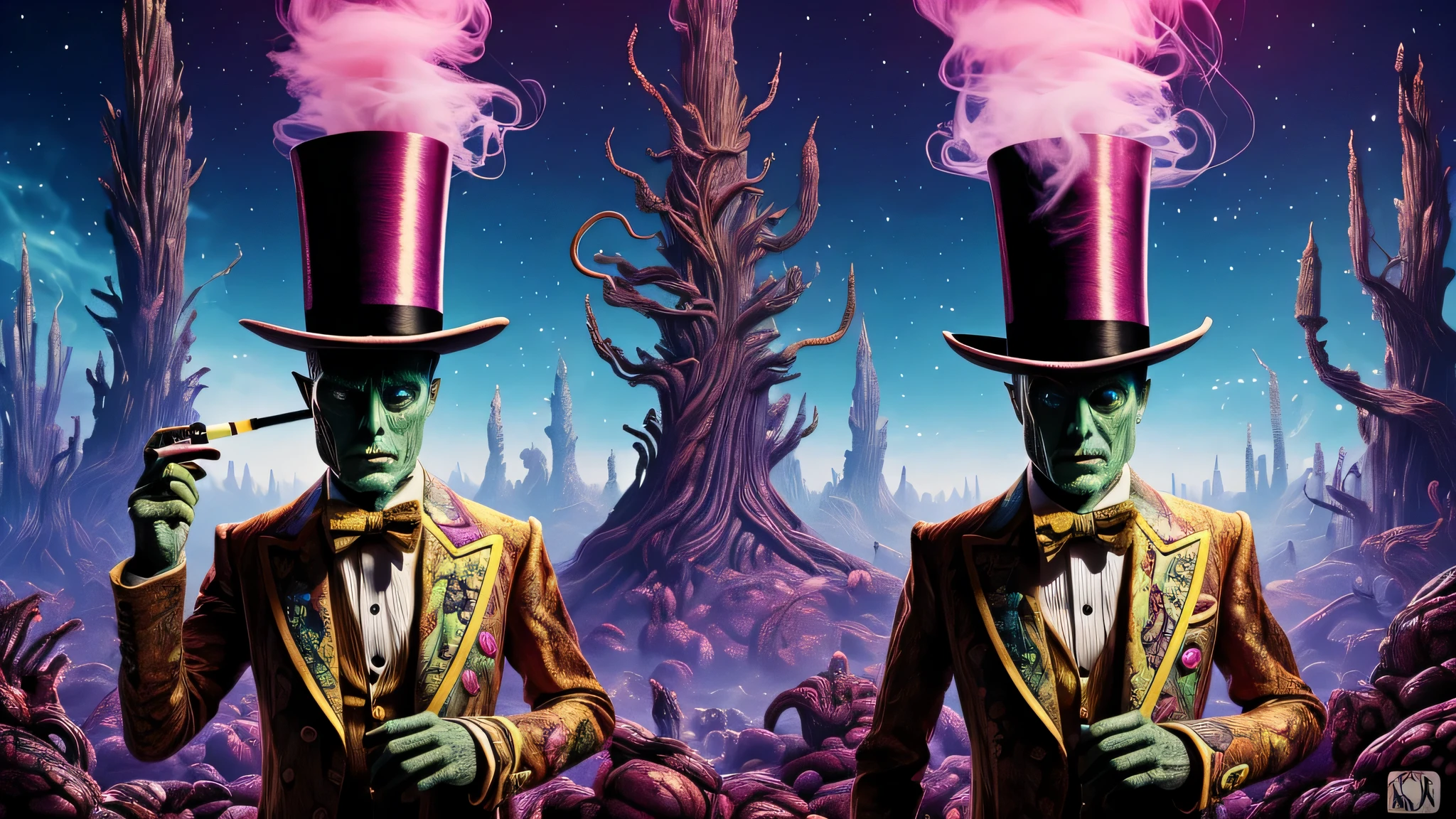 masterpiece, 8K, Alien wearing a top hat and smoking a cigarette, hyper, cyber punk, cigarette, high resolution fantasy, fantasy tree, A colorful and detailed dreamscape,