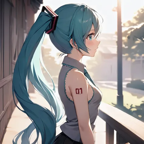 masterpiece, highest quality,1 girl,hatsune miku,aqua hair, aqua eye, long hair, twin tails,from the side, gray shirt, black ski...