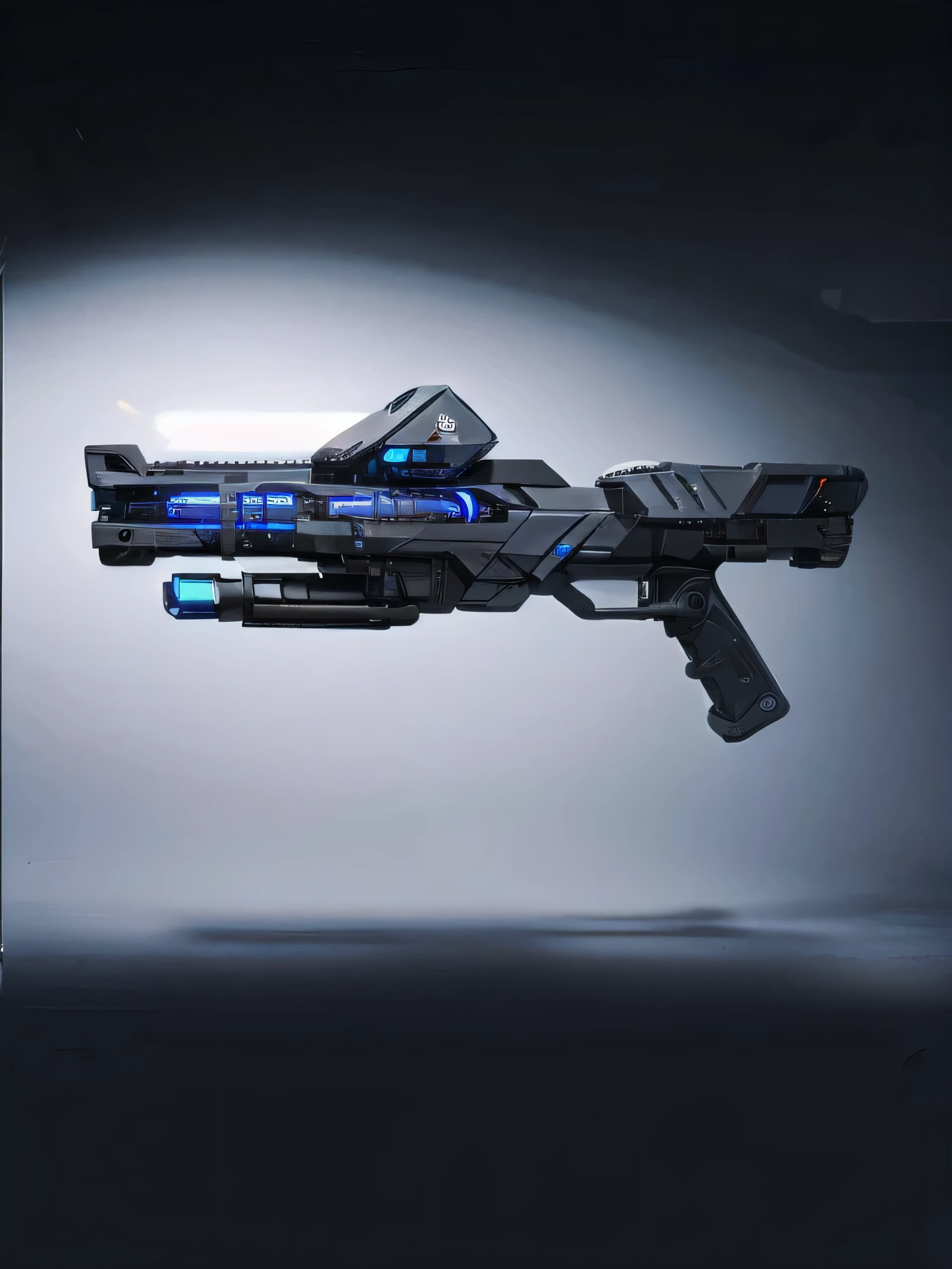 cyberpunk, machine gun with bayonet , black, blue led lights, Futuristic, weapon shape - rectangular