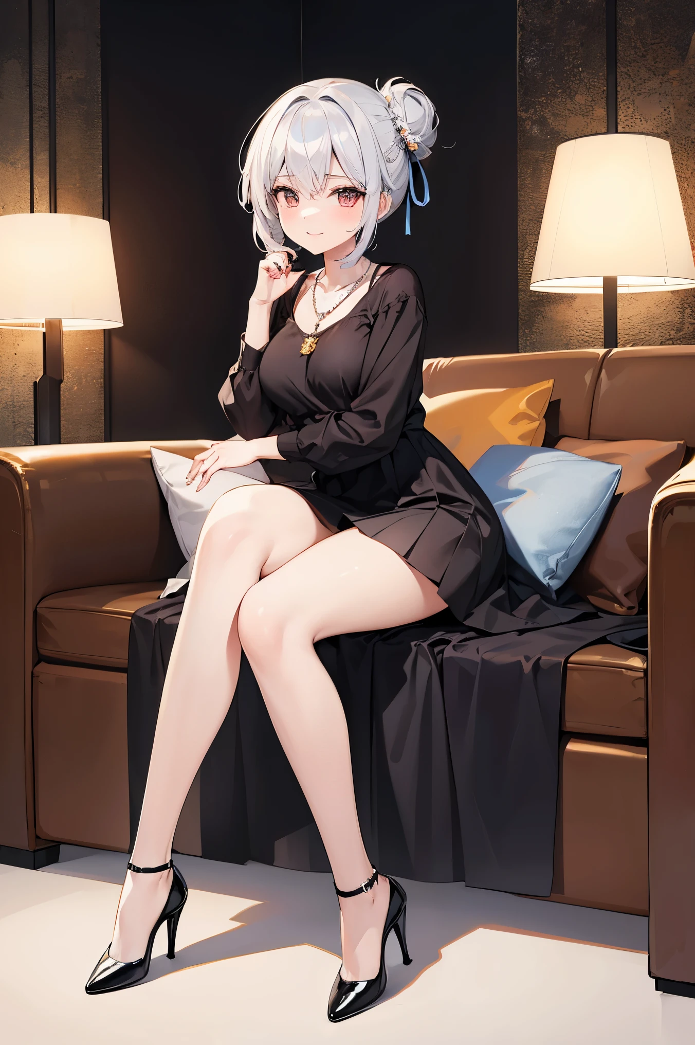 Very detailed, high quality, masterpiece, 1 female, Happy expression, silver hair, tied into a messy bun, JK, short skirt, High heel, Light makeup, (silver necklace: 1.2), black stockings