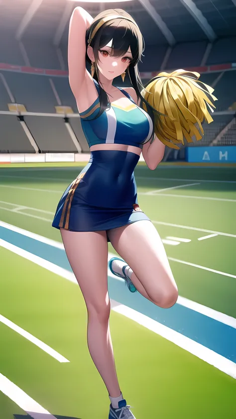  cheerleader outfit, football stadium, pom-poms, full body, (masterpiece), (best quality), ultra high res, ultra detailed, detai...