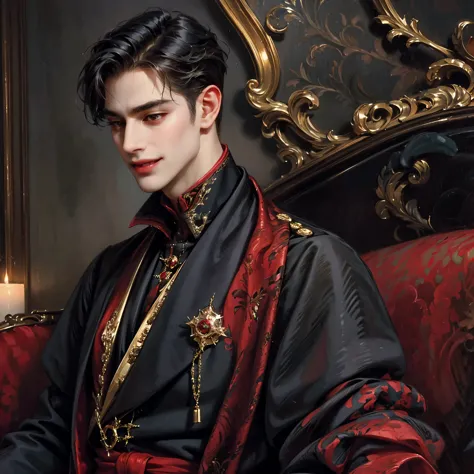 close up, avatar, A vampire, Handsome young man, long black hair, Red eyes, sharp fangs, elegant smile, Gorgeous costumes, Cinem...