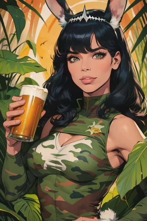 Melhor qualidade, 8k, mulher,black straighr hair, bangs,lindo,big eyelashes, looking to observer, little smile, rabbit ears tiara, decote,militar camouflage vest, holding a beer can, florish forest scenario