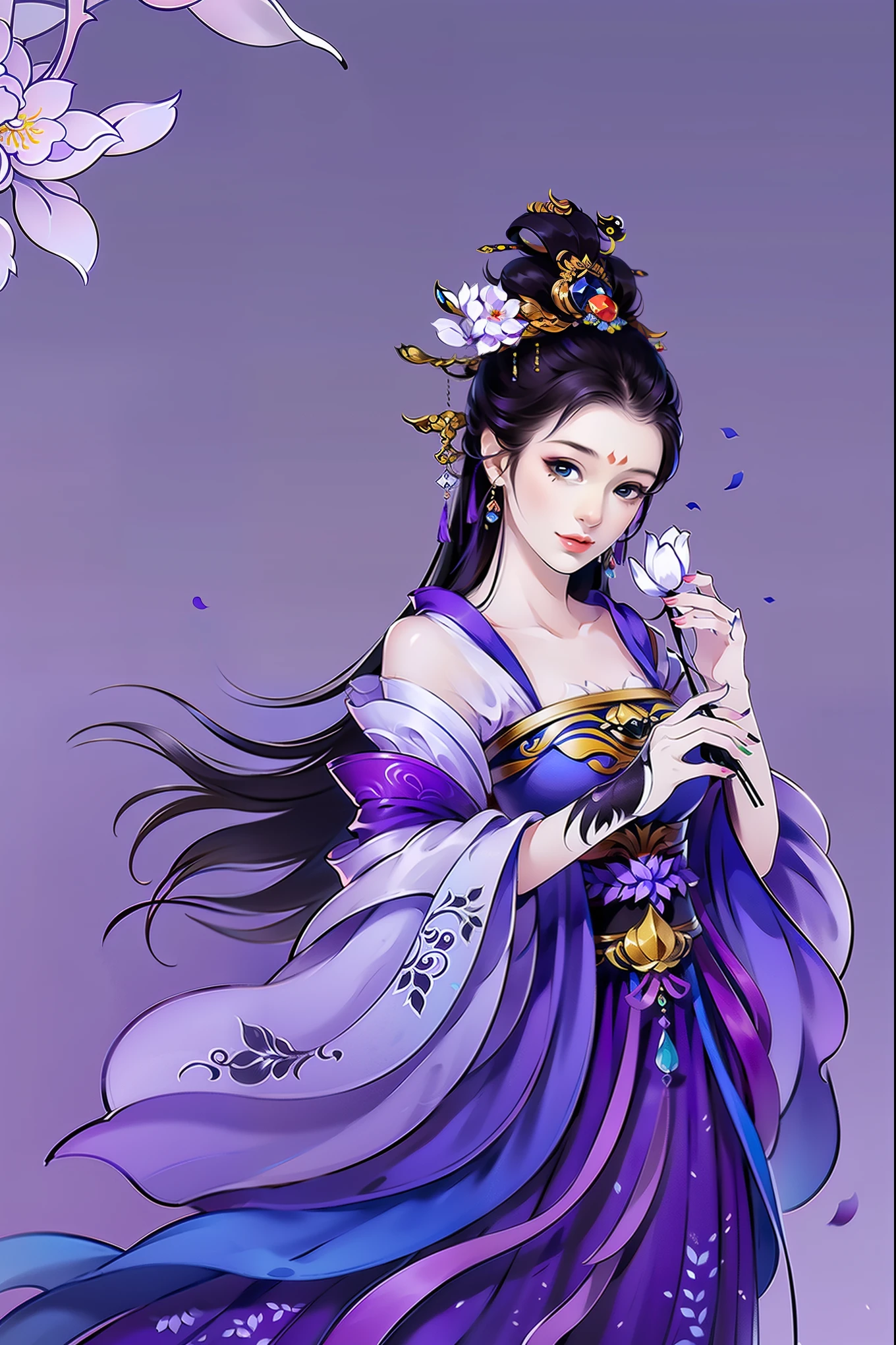 （masterpiece，super detailed，HD details，highly detailed art）1 girl，Half body，xianxia，monochrome，purple dress，Wisteria flowers，elegant，Highly detailed character designs from East Asia，Game character costume design，simple，ultra high resolution, sharp focus, epic work, masterpiece, (Very detailed CG unified 8k wallpaper)，pretty face，beautiful eyes，HD details