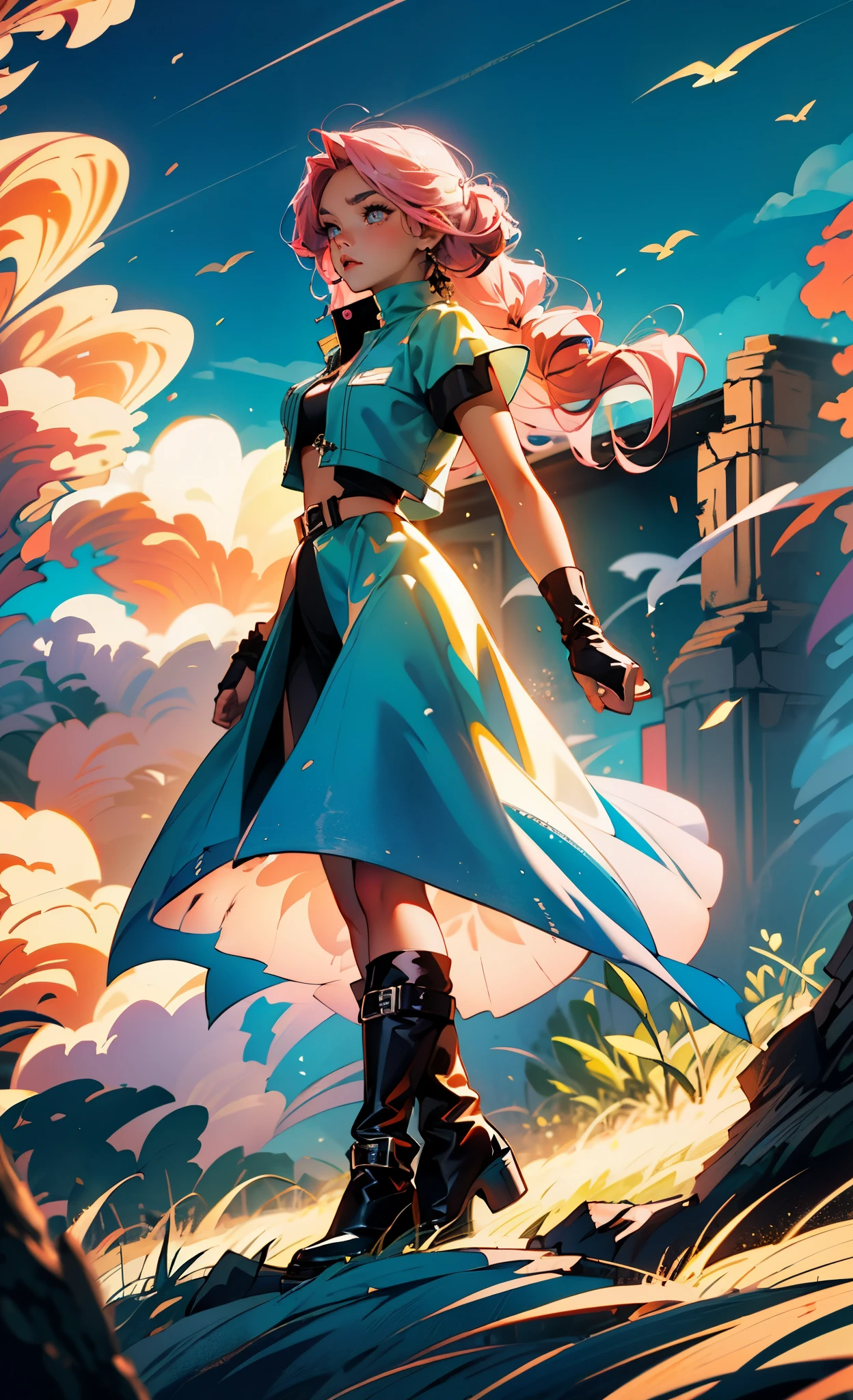 (A beautiful young girl with long curly pink hair, slender eyebrows, sparkling eyes, a bewildered expression, an oval-shapedl face with pale skin, a knee-length form-fitting leather trench coat with very short sleeves, she adorns both hands with metallic wrist guards in a sci-fi ancient civilization style, her long legs are clad in leather boots as she soars through the misty clouds), this character embodies a finely crafted fantasy-realism style western ranger in anime style, exquisite and mature manga art style, porcelain skin, perfect skin, perfect eyes, high definition, best quality, highres, ultra-detailed, ultra-fine painting, extremely delicate, professional, anatomically correct, symmetrical face, extremely detailed eyes and face, high quality eyes, creativity, RAW photo, UHD, 32k, Natural light, cinematic lighting, masterpiece-anatomy-perfect, masterpiece:1.5