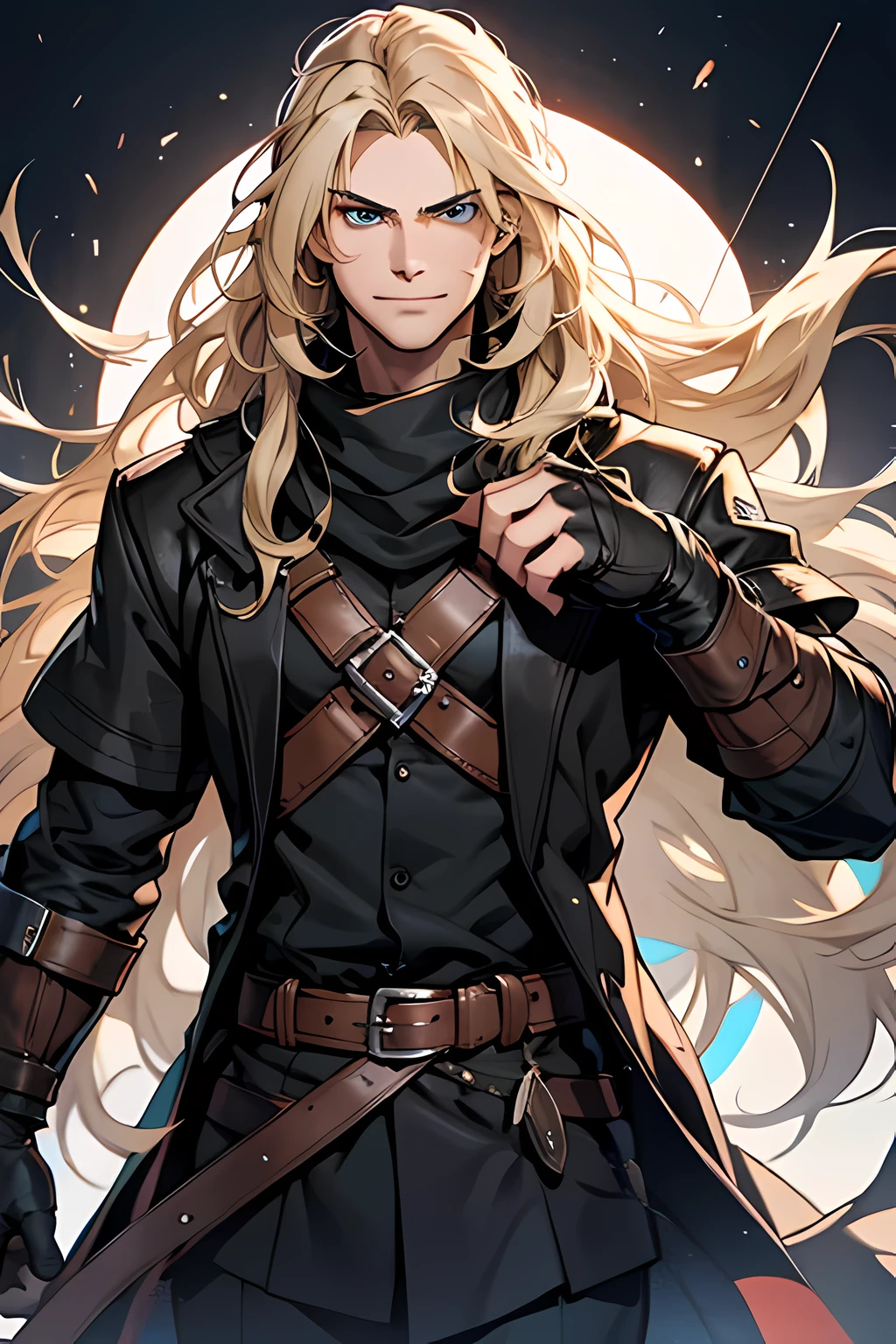 (MAN character), (Sesquipedalian, очень long hair, blonde hair), (heterochromia), (Left eye: blue), (Right eye: brown), (Black Long Leather Coat), (black shirt), (Archery gloves), (Black scarf), (illustration), (A high resolution), (mysterious lighting), (bright colors) (fighter) (cold light) (long hair: 2.0) (soft grin), Triangular Face Shape