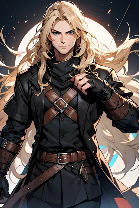 (MAN character), (Sesquipedalian, очень long hair, blonde hair), (heterochromia), (Left eye: blue), (Right eye: brown), (Black L...