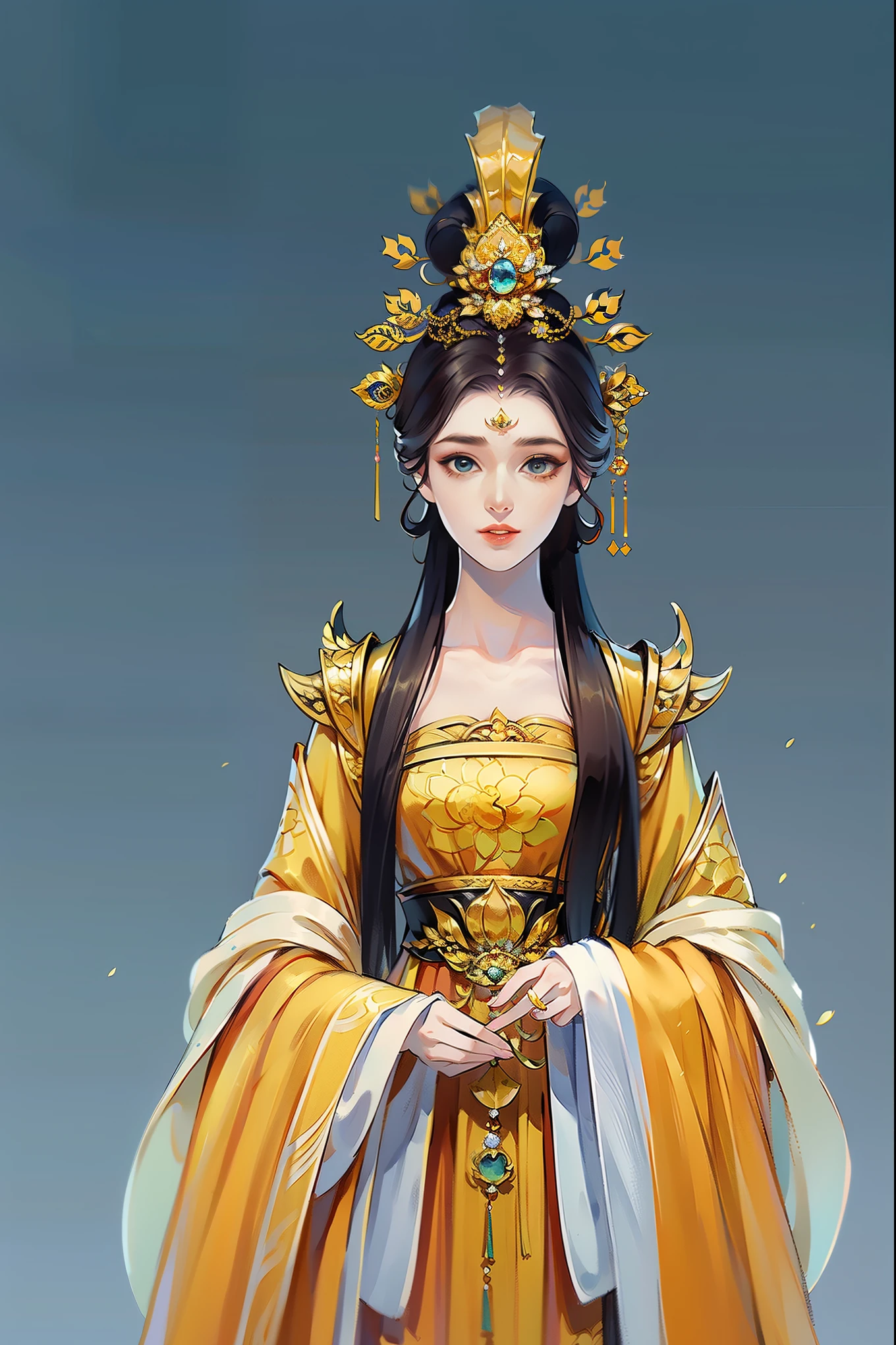 （masterpiece，super detailed，HD details，highly detailed art）1 girl，Half body，xianxia，monochrome，Gold clothes，Kingly spirit，Crown，elegant，Highly detailed character designs from East Asia，Game character costume design，simple，ultra high resolution, sharp focus, epic work, masterpiece, (Very detailed CG unified 8k wallpaper)，pretty face，beautiful eyes，HD details