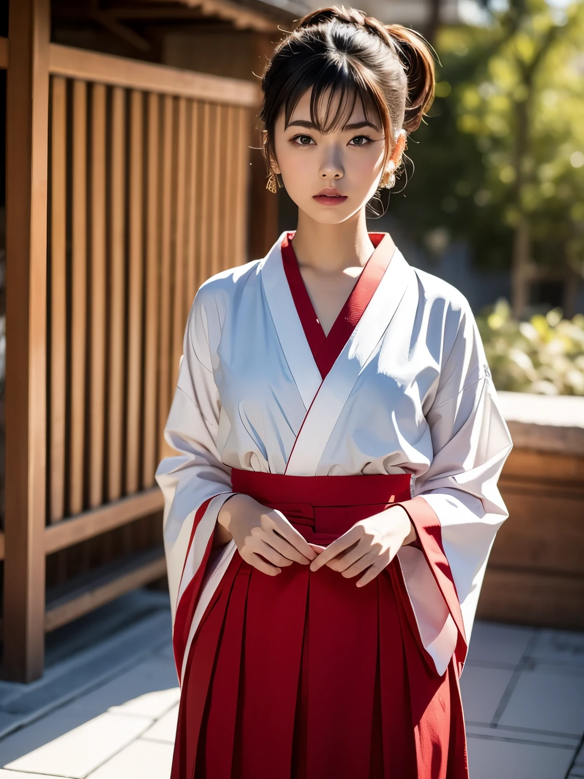 ((masterpiece)), (highest quality), official art, Very detailed CG, unity 8k wallpaper, Super detailed, hair clip, (Miko), kimono, red hakama skirt masterpiece, highest quality, confused, shrine, looking at the viewer, Upper body,