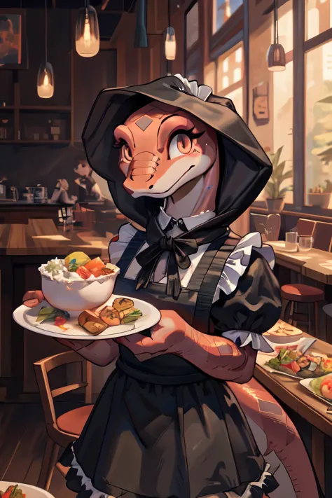 zorayas, female, detailed scales, cute, embarrassed, masterpiece, in a cafe, ((wearing a black maid outfit)), skirt, looking at ...