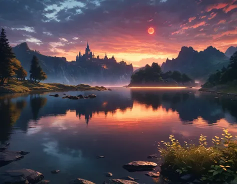 masterpiece, best quality, high quality, Extremely detailed CG unified 8k wallpaper, landscapes, Perfect reflection, stunning water surfaces. outdoor, Sky, cloud, dusk, no humans, castle, Gothic, Mountain, landscape, water, trees, blood moon, waterfall, cl...