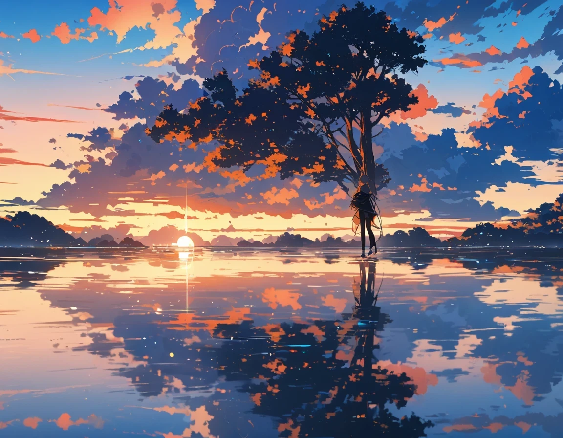 "((peaceful)) Scenes, girl kneeling and meditating, ((ripples in the pond)), ((Marshmallow Cloud)), ((Silhouette of a gnarled tree)), Professional photography, ((rule of thirds)), High resolution, best quality