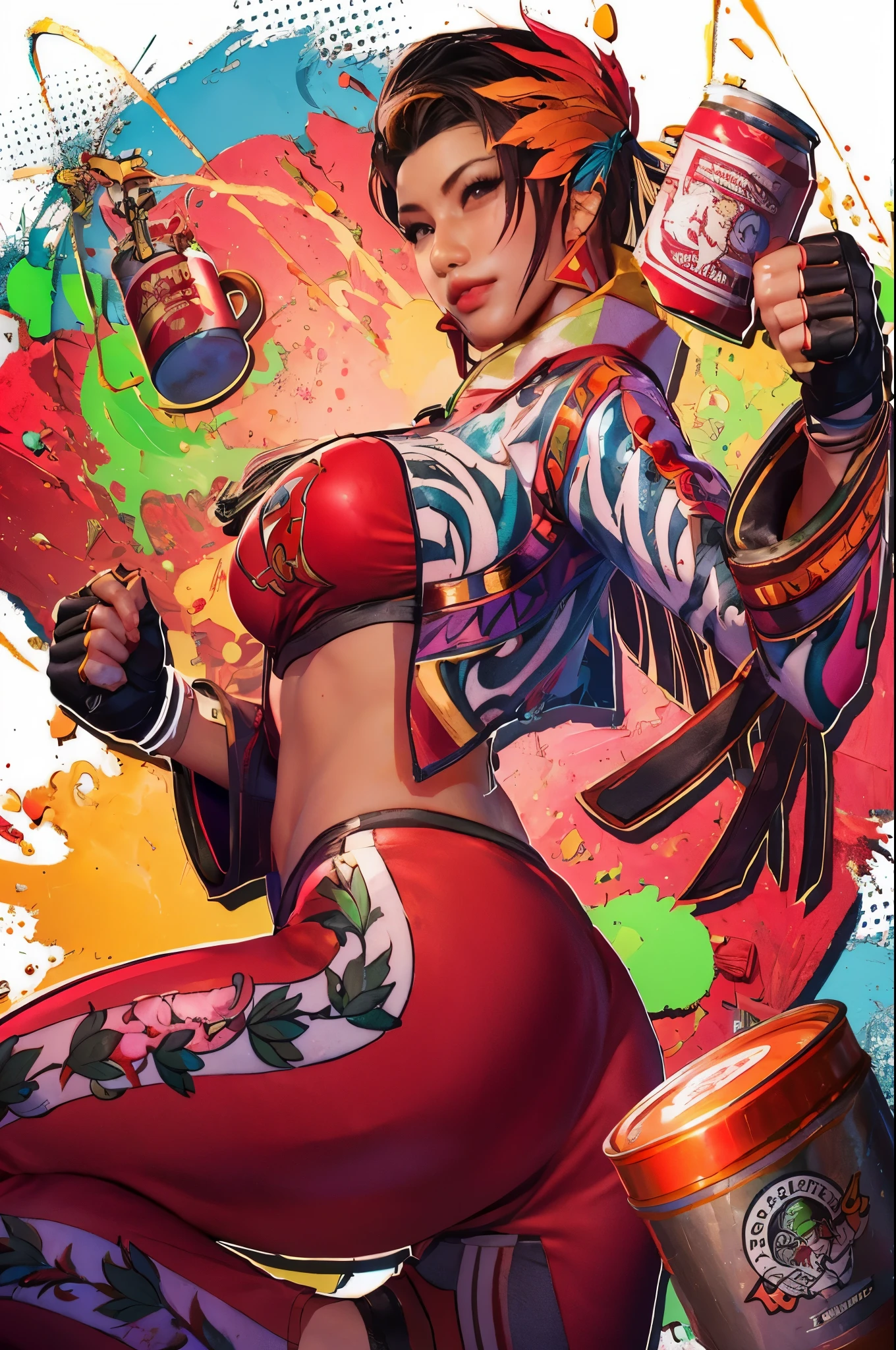 a close up of a woman holding a can of paint, rossdraws cartoon vibrant, artgerm colorful!!!, high detailed official artwork, portrait of chun - li, sf 5 ink style, sf5 ink style, :: rossdraws, rossdraws and jazza, juri han from street fighter, official artwork, official art, inspired by Pu Hua