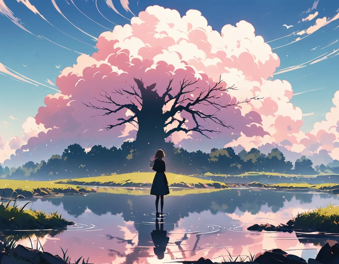 "((peaceful)) Scenes, girl kneeling and meditating, ((ripples in the pond)), ((Marshmallow Cloud)), ((Silhouette of a gnarled tree)), Professional photography, ((rule of thirds)), High resolution, best quality