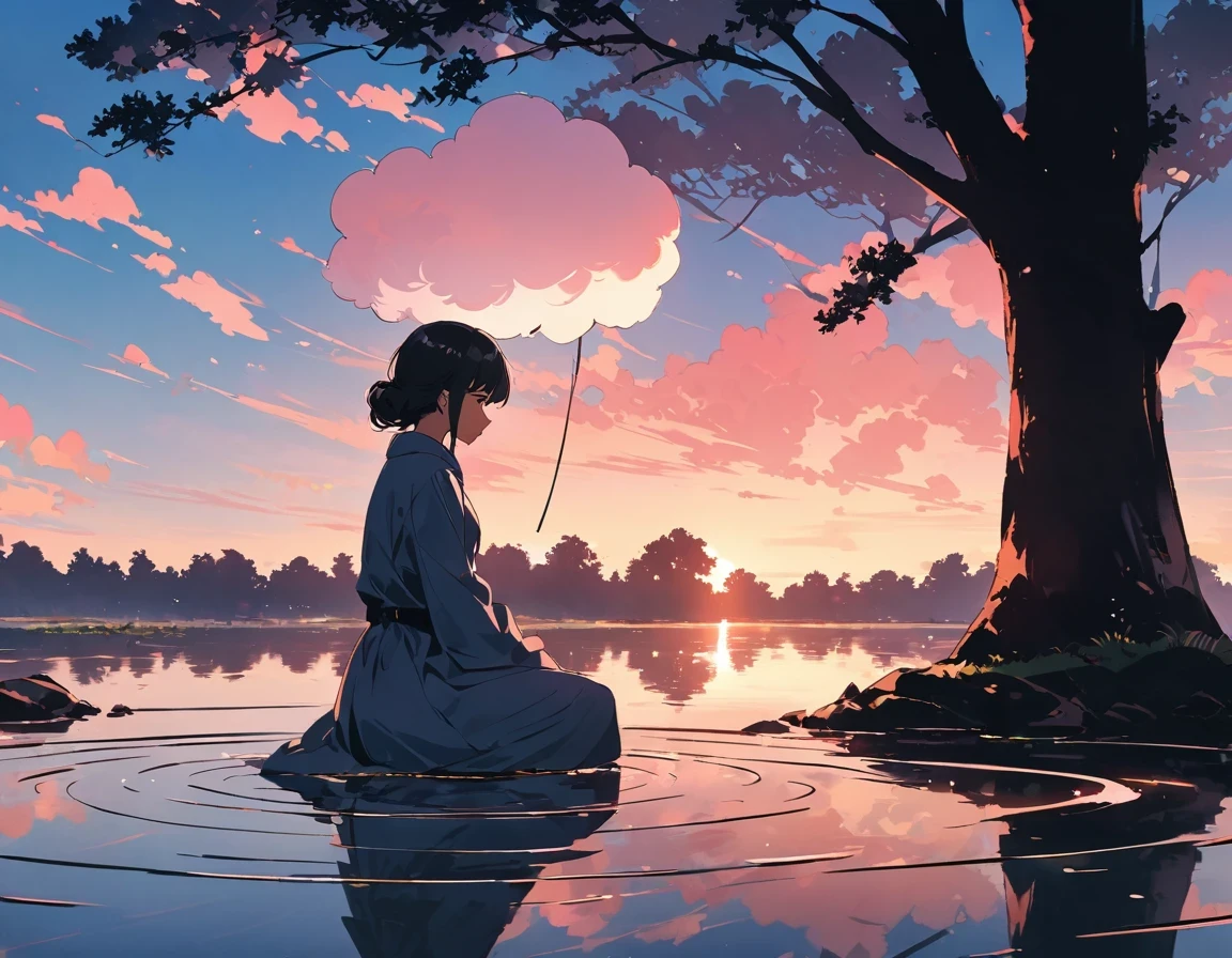 "((peaceful)) Scenes, girl kneeling and meditating, ((ripples in the pond)), ((Marshmallow Cloud)), ((Silhouette of a gnarled tree)), Professional photography, ((rule of thirds)), High resolution, best quality