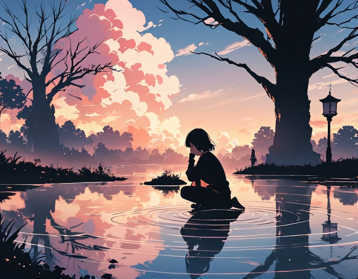 "((peaceful)) Scenes, girl kneeling and meditating, ((ripples in the pond)), ((Marshmallow Cloud)), ((Silhouette of a gnarled tree)), Professional photography, ((rule of thirds)), High resolution, best quality