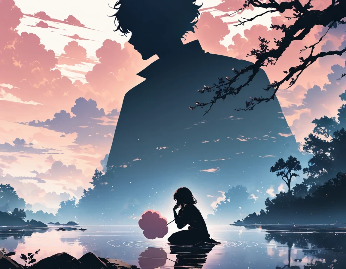 "((peaceful)) Scenes, girl kneeling and meditating, ((ripples in the pond)), ((Marshmallow Cloud)), ((Silhouette of a gnarled tree)), Professional photography, ((rule of thirds)), High resolution, best quality