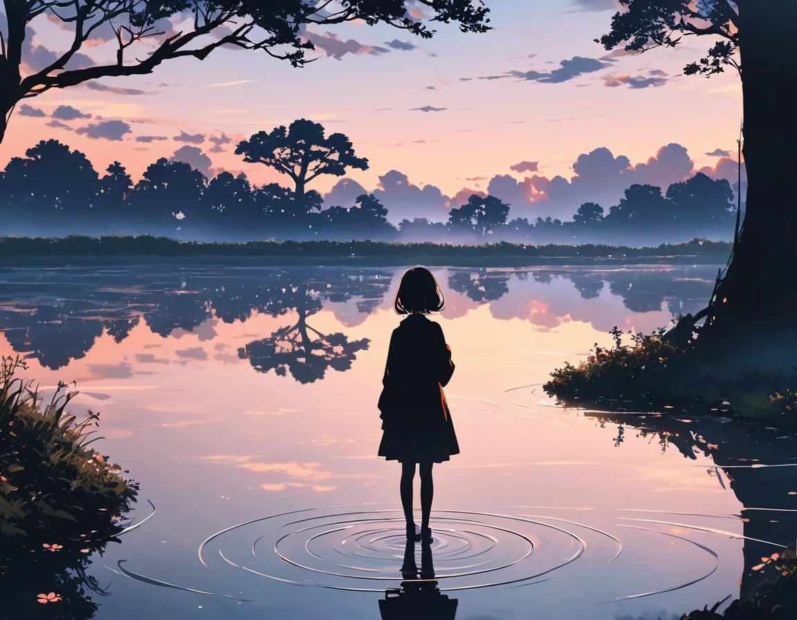 "((peaceful)) Scenes, girl kneeling and meditating, ((ripples in the pond)), ((Marshmallow Cloud)), ((Silhouette of a gnarled tree)), Professional photography, ((rule of thirds)), High resolution, best quality