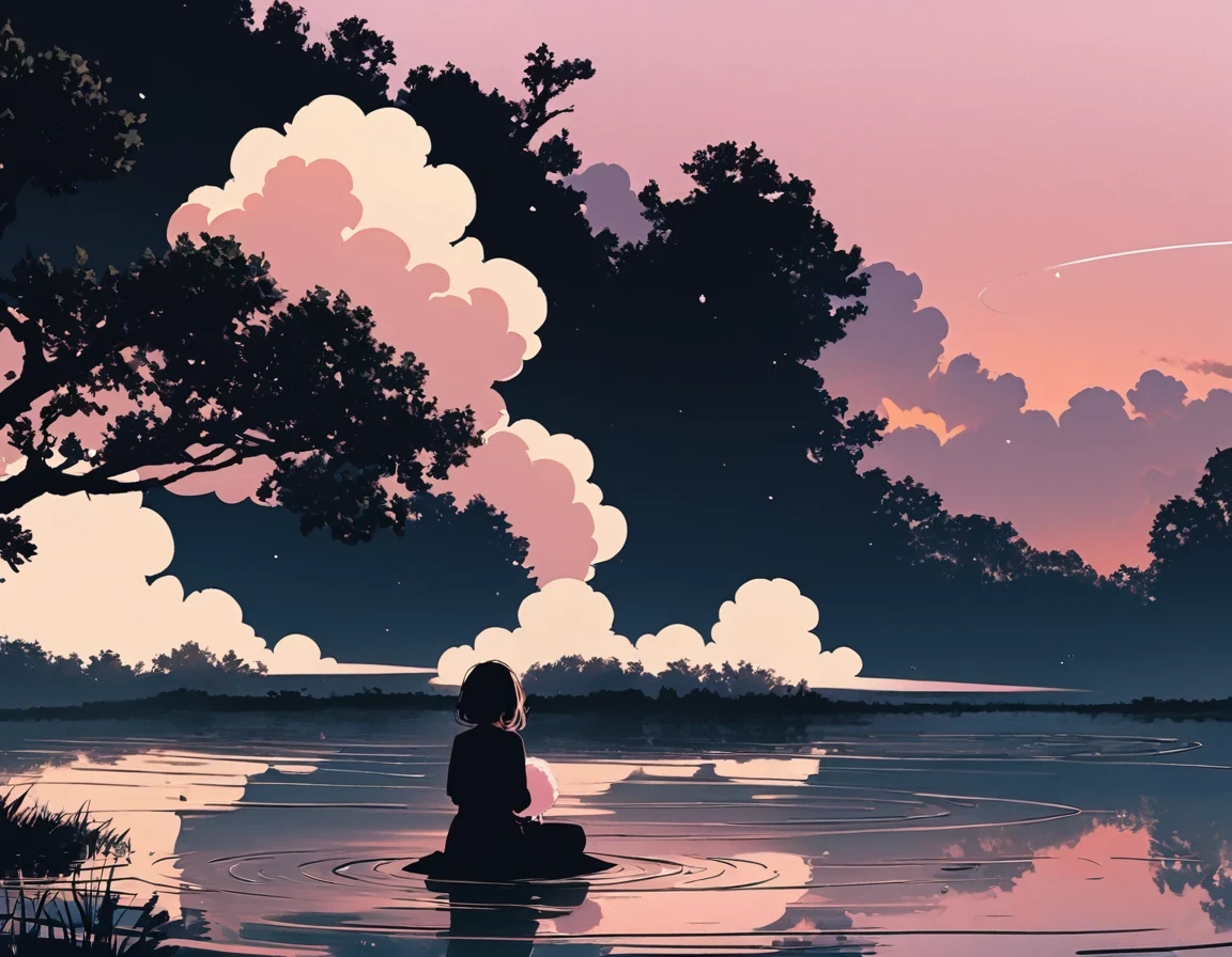 "((peaceful)) Scenes, girl kneeling and meditating, ((ripples in the pond)), ((Marshmallow Cloud)), ((Silhouette of a gnarled tree)), Professional photography, ((rule of thirds)), High resolution, best quality