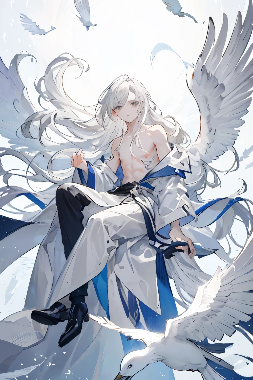 Vividly drawn illustration of a (((young man with long white hair and gray eyes))), topless, with flowing hair and wings resembling a ((white bird)) sitting lost in the middle of a blizzard