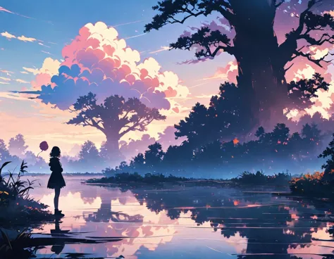 "((peaceful)) Scenes, girl kneeling and meditating, ((ripples in the pond)), ((Marshmallow Cloud)), ((Silhouette of a gnarled tree)), Professional photography, ((rule of thirds)), High resolution, best quality