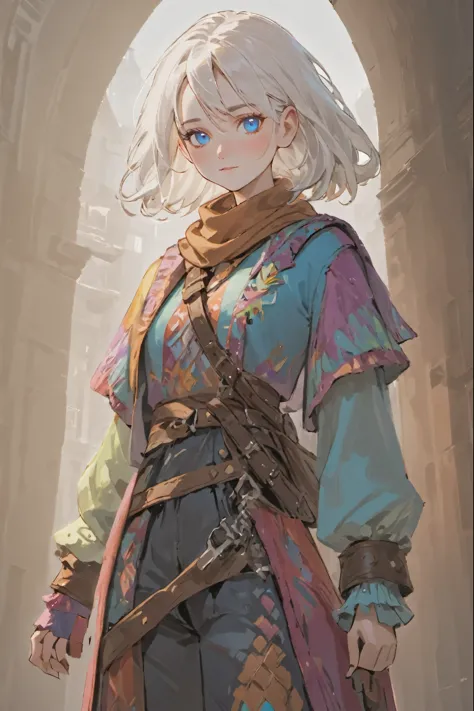 (masterpiece),  ((white hair)), white hair, female adventurer, full body, game art style, ((bright blue eyes)), (colorful clothi...