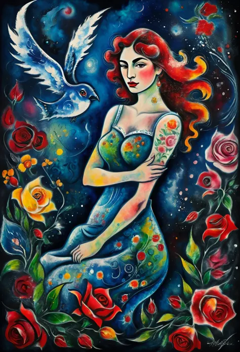 Tattoo girl, very beautiful, Murderous, handsome, betrayal, anger, dark background, 8 k, Dynamic wallpaper, very delicate, Very dense  ,((Marc Chagall style)), magical naive art, primitivism, protogenes,((Best quality, masterpiece)),
(Higher detail), Impre...