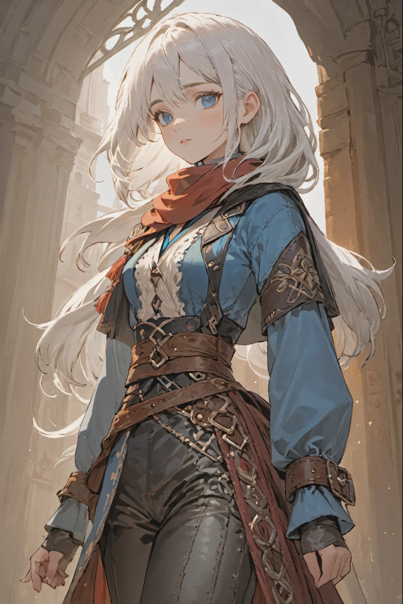 (masterpiece),  ((white hair)), white hair, female adventurer, full body, game art style, ((bright blue eyes)), (colorful clothing), scarves, leather belts, half skirt over pants and boots, flowing blouse and leather corset, best quality, highres, 4k, 8k, Detailed Illustration, intricate detail, cinematic lighting, amazing quality, 1girl, fit female, amazing shading, soft lighting, facing camera, perfect eyes